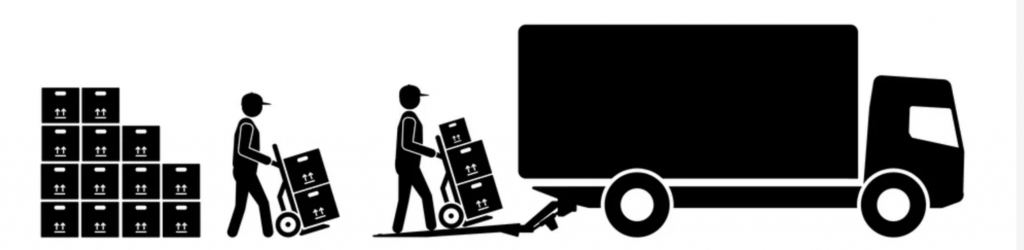 Silhouette of logistics workers with a truck and tail lift.